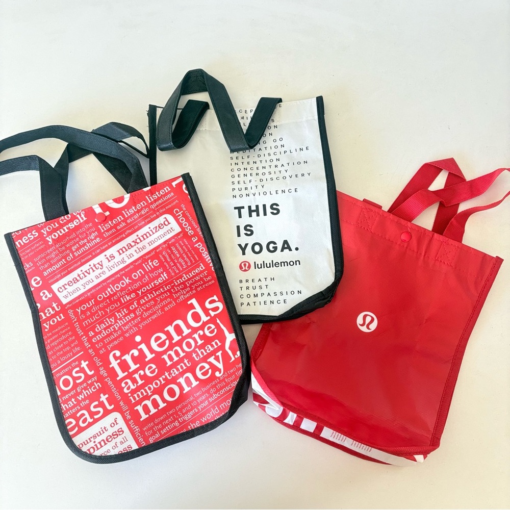 Lot of 3 Lululemon Small Reusable Shopping Tote Bag 11”x9” Red White ~ New